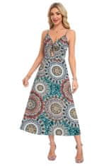 Ženska maxi obleka Boho zračna cvetlična večbarvna z V-izrezom, nastavljivimi naramnicami in žepi, elastična tkanina, regular fit, cut-out detajl, poletna obleka za plažo in večer, velikost M