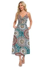 Ženska maxi obleka Boho zračna cvetlična večbarvna z V-izrezom, nastavljivimi naramnicami in žepi, elastična tkanina, regular fit, cut-out detajl, poletna obleka za plažo in večer, velikost M