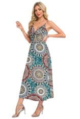 Ženska maxi obleka Boho zračna cvetlična večbarvna z V-izrezom, nastavljivimi naramnicami in žepi, elastična tkanina, regular fit, cut-out detajl, poletna obleka za plažo in večer, velikost M