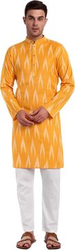 Moški komplet Kurta Pižama iz 100% bombaža, tradicionalni komplet tunika z dolgimi rokavi in hlače, vzorec Ikat, stoječi ovratnik, zlat, velikost S, za poroke, Diwali, praznike in vsakdan