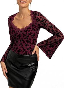 Ženska elegantna bluza z dolgimi rokavi iz prozorne mrežaste tkanine s cvetličnim vzorcem, bell rokavi, izrez srček s čipko, bordo barva, velikost XL, 68% poliester 24% najlon 8% elastan