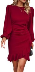 Ženska Večerna Mini Obleka Bodycon z Balonastimi Rokavi Elegantna Bordo XL elastična prilegajoča tkanina okrogel izrez volan tulipan na spodnjem robu za poroko in večerne izhode neprosojna