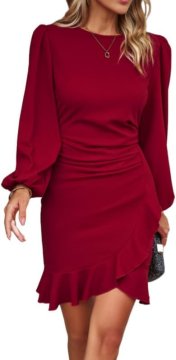 Ženska Večerna Mini Obleka Bodycon z Balonastimi Rokavi Elegantna Bordo XL elastična prilegajoča tkanina okrogel izrez volan tulipan na spodnjem robu za poroko in večerne izhode neprosojna