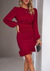 Ženska Večerna Mini Obleka Bodycon z Balonastimi Rokavi Elegantna Bordo XL elastična prilegajoča tkanina okrogel izrez volan tulipan na spodnjem robu za poroko in večerne izhode neprosojna