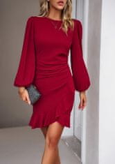 Ženska Večerna Mini Obleka Bodycon z Balonastimi Rokavi Elegantna Bordo XL elastična prilegajoča tkanina okrogel izrez volan tulipan na spodnjem robu za poroko in večerne izhode neprosojna