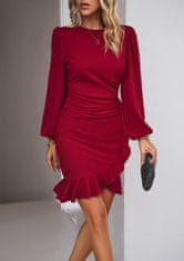 Ženska Večerna Mini Obleka Bodycon z Balonastimi Rokavi Elegantna Bordo XL elastična prilegajoča tkanina okrogel izrez volan tulipan na spodnjem robu za poroko in večerne izhode neprosojna
