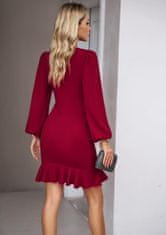 Ženska Večerna Mini Obleka Bodycon z Balonastimi Rokavi Elegantna Bordo XL elastična prilegajoča tkanina okrogel izrez volan tulipan na spodnjem robu za poroko in večerne izhode neprosojna