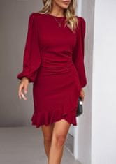 Ženska Večerna Mini Obleka Bodycon z Balonastimi Rokavi Elegantna Bordo XL elastična prilegajoča tkanina okrogel izrez volan tulipan na spodnjem robu za poroko in večerne izhode neprosojna
