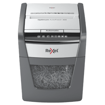 Rexel Optimum AutoFeed+ 50X uničevalec papirja, križno rezanje, 4x28 mm, P-4 20L, 55dB, sivo/črna