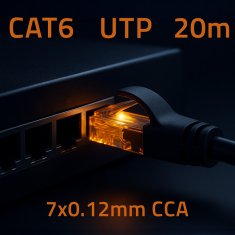 Qoltec UTP patchcord kabel | CAT6 | 2 x RJ-45 | Visoka hitrost 1 Gb/s | Pozlačeni kontakti | 20 m | črne barve