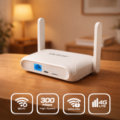 Qoltec usmerjevalnik za dom in potovanja 4G LTE WiFi 6 | AX300 | 2,4 GHz | dvojna antena | USB-C | mikro SIM