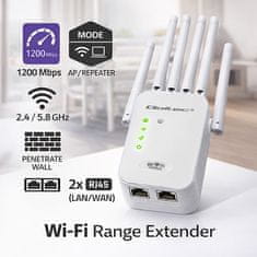 Qoltec WiFi 5 ojačevalnik signala | repetitor | dostopna točka | AC1200 | 6 anten | 2x RJ45 | 128 MB