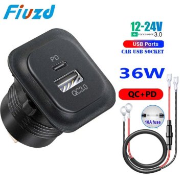 KJB Vgradni avtomobilski USB polnilnik 12/24 V, USB-C PD in USB-A QC 3.0, s priključnim kablom