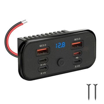 KJB Vgradna polnilna plošča s 4 priključki USB, dvojni PD3.0 in QC3.0, 12/24 V Vgradni avtomobilski USB polnilnik 12/24 V, 4 × USB-A in 2 × USB-C, 6 priključkov, z zaslonom