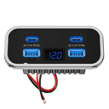KJB Avtomobilska polnilna vtičnica s 4 priključki, dvojni USB-C PD3.0 in QC3.0 Vgradni avtomobilski USB polnilnik 12/24 V, 2 × USB-A in 2 × USB-C, z zaslonom, izvedba 3