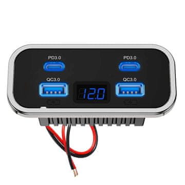 KJB Avtomobilska polnilna vtičnica s 4 priključki, dvojni USB-C PD3.0 in QC3.0 Vgradni avtomobilski USB polnilnik 12/24 V, 2 × USB-C PD in 2 × USB-A QC 3.0, z zaslonom