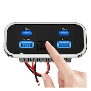 KJB Avtomobilska polnilna vtičnica s 4 priključki, dvojni USB-C PD3.0 in QC3.0 Vgradni avtomobilski USB polnilnik 12/24 V, 2 × USB-C PD in 2 × USB-A QC 3.0, s stikalom