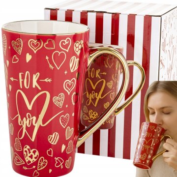 Velika porcelanasta skodelica v okrasni rdeče-zlati darilni škatli, 450 ml