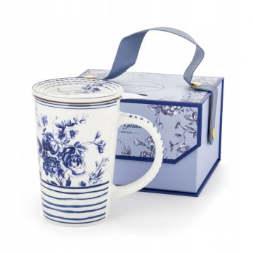 Modra porcelanasta skodelica z infuzerjem, pokrovom in cedilom, 300 ml