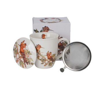 Porcelanasta skodelica za čaj z infuzerjem in motivom ptice