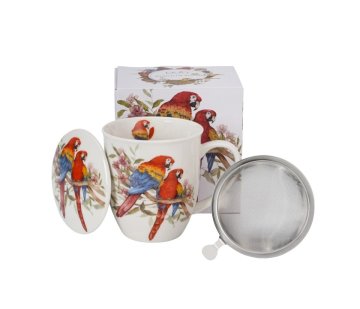 Porcelanasta skodelica za čaj z infuzerjem in motivom ptice