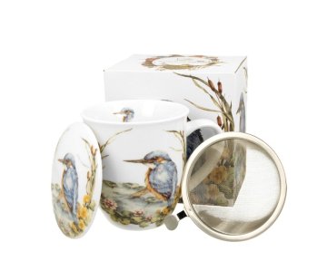 Porcelanasta skodelica za čaj z infuzerjem in motivom ptice