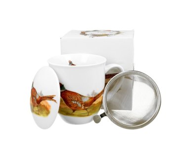 Porcelanasta skodelica za čaj z infuzerjem in motivom ptice