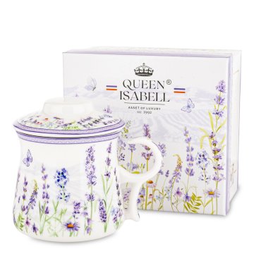 Porcelanasta skodelica za čaj z motivom rože in infuzerjem