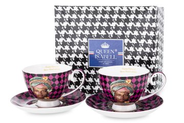 Skodelica s krožnikom 2+2 iz porcelana, večbarvna