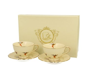 Porcelanasta skodelica, komplet 2 skodelic za espresso s krožnikom, kolibriji