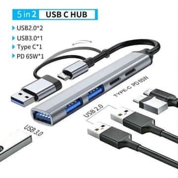 KJB USB-C večvratni adapter, izvedba 4 v 2, srebrn Večportni USB-C/USB-A adapter, izvedba 5 in 2 PD