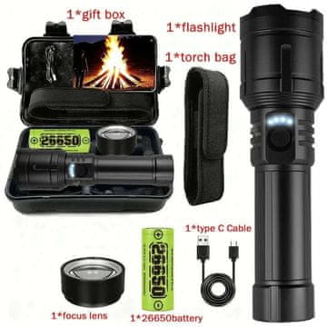 KJB Polnilna LED svetilka 1200 lm z zoomom in izhodom USB Polnilna LED ročna svetilka USB-C z zoomom, črna, komplet