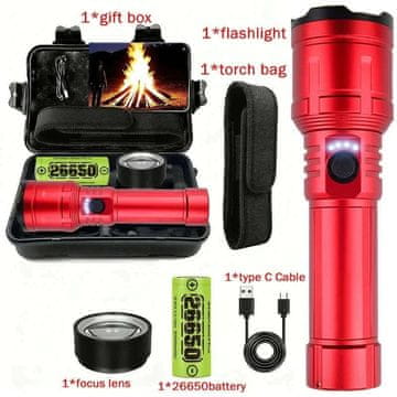 KJB Polnilna LED svetilka 1200 lm z zoomom in izhodom USB Polnilna LED ročna svetilka USB-C z zoomom, rdeča, komplet