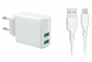 Carcommerce 2x USB stenski polnilnik + kabel za iPhone 3,4 A 230 V LED