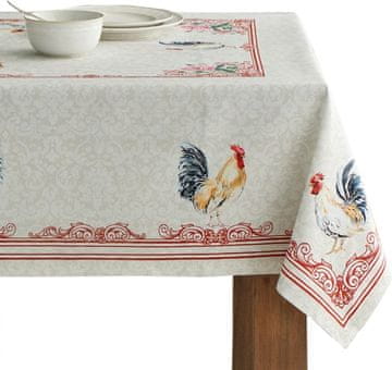 Namizni prt bombažni pravokotni 180x140 cm bež vintage slog 100% naravni bombaž galski petelin motiv francoski šik elegantna za kosilo in večerjo ob posebnih priložnostih pralen v pralnem stroju