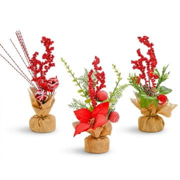 Set 3 umetnih božičnih smrečic 30 cm zeleno-rdeča božična dekoracija za mizo pisalno mizo dnevno sobo kamin z rdečimi jagodami storži in listi poinsecije stabilen podstavek darilo