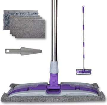 Nikcorp Ploski mop za čiščenje tal s teleskopsko palico 129 cm iz nerjavnega jekla, vrtljiva glava 360 stopinj, komplet 4 nastavkov (3 iz mikrovlaken, 1 iz šenila), za laminat, les in ploščice