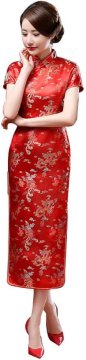 Ženska midi obleka tipa qipao cheongsam kitajska elegantna bodycon slim fit kratek rokav tradicionalni stoječi ovratnik vezenje cvetov slive iz poliestra rdeča 5XL za poroko ali večerni izhod
