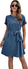 Ženska midi obleka A-line casual poletna elegantna modra XL iz 100% poliestra lahka prezračna tkanina do kolen okrogel izrez kratek rokav linija A z zarezom v pasu za vsakdanji slog