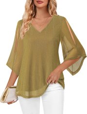 Ženska bluzka tunika z napihnjenimi rokavi 3/4 V-izrez Henley high-low dvoslojna zračna lahka elegantna cvetlični vzorec poletna vitkejši kroj za službo in vikend zelena velikost M