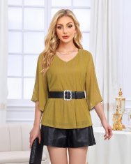 Ženska bluzka tunika z napihnjenimi rokavi 3/4 V-izrez Henley high-low dvoslojna zračna lahka elegantna cvetlični vzorec poletna vitkejši kroj za službo in vikend zelena velikost M
