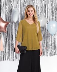 Ženska bluzka tunika z napihnjenimi rokavi 3/4 V-izrez Henley high-low dvoslojna zračna lahka elegantna cvetlični vzorec poletna vitkejši kroj za službo in vikend zelena velikost M