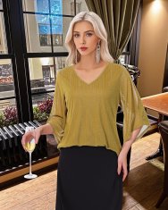 Ženska bluzka tunika z napihnjenimi rokavi 3/4 V-izrez Henley high-low dvoslojna zračna lahka elegantna cvetlični vzorec poletna vitkejši kroj za službo in vikend zelena velikost M