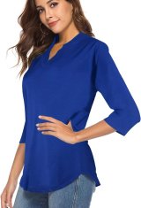 Ženska bluza tunika v boho slogu modra S ohlapen kroj V-izrez kratek rokav gubanje spredaj in zadaj cvetlični vzorec Paisley dihajoč nežen svilnat material za vse leto