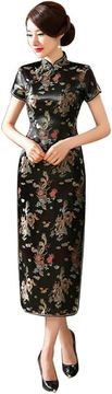 Ženska obleka Qipao Cheongsam Tradicionalna Kitajska Dolga Večerna Elegantna Bodycon Slim Fit z vzorcem zmaja Stoječi ovratnik Kratek rokav Poliester Črna 44 EU za poroke, plese in zabave