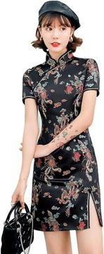 Mini obleka Qipao črna cheongsam slim fit prilegajoč kroj poliester dihajoča tkanina cvetlično-zmajev potisk mandarin ovratnik kratek rokav stranski zadrgi velikost 34 EU darilo za mamo