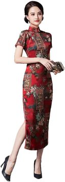 Ženska midi obleka Cheongsam Qipao kitajska satenasta slim fit vintage z mandarinskim ovratnikom kratkimi rokavi in stranskim rezom poliester satin rdeča 46 EU za slovesnosti tematske zabave