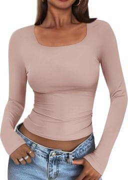 Ženska basic bluza z dolgimi rokavi slim fit s kvadratnim izrezom U-shape iz mehkega elastičnega pletiva, dihajoč material, ne zahteva likanja, pranje v stroju na hladno, roza, velikost XXL