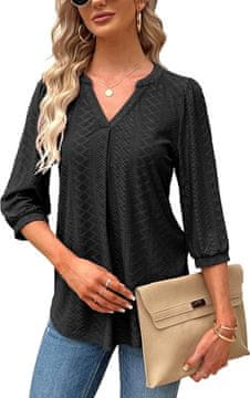 Ženska bluza tunika majica V-izrez elegantna zračna udobna črna M ohlapen kroj 3/4 rokav z gubami spredaj 95 % poliester 5 % elastan pralna v hladni vodi za pisarno in večer