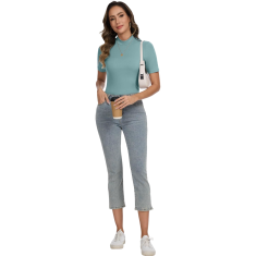 Ženska majica s kratkimi rokavi in visokim ovratnikom modra XXL prilegajoč slim kroj elastična dihajoča mehka tkanina elegantna casual za pisarno in večer pod jopico